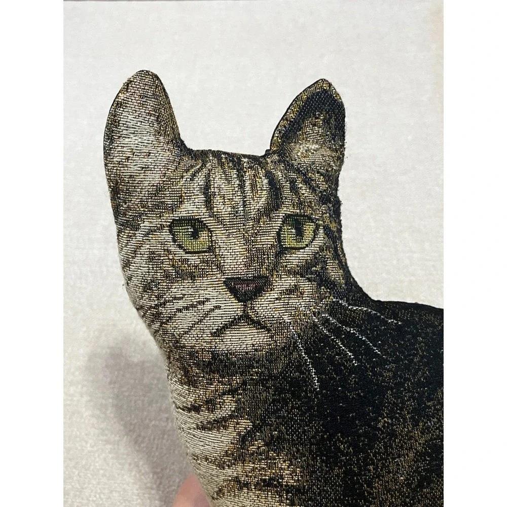 Vintage Tabby Cat Tapestry Shaped Throw Pillow Brown Black Feline Decor 11.5